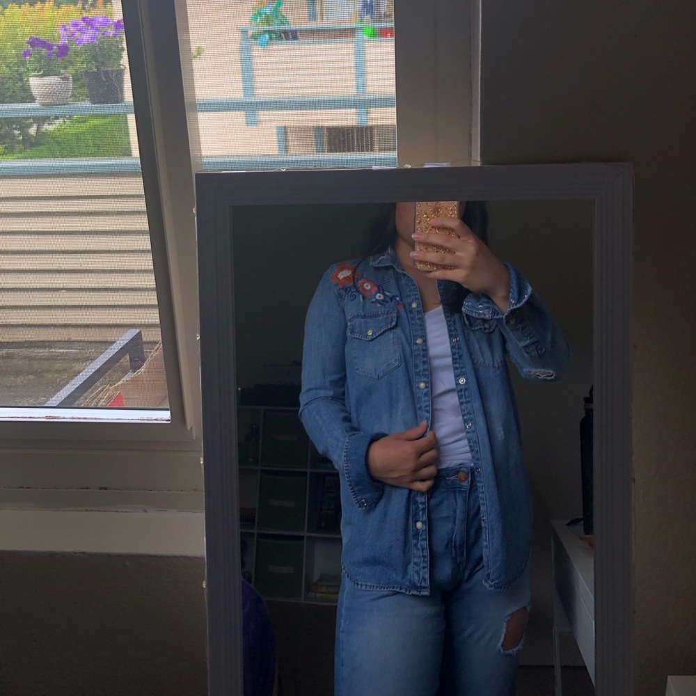 Lucky Brand Embroidered and Distressed Jean Jacket